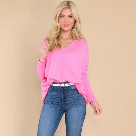 Red Dress Miracle I’ll Wait For You Relaxed Dolman Knit Sweater Top Pink ML - Picture 3 of 12